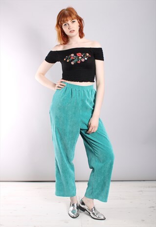 VINTAGE 80S TURQUOISE CORD HIGH WAISTED TROUSERS
