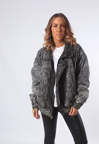 BLACK ACID WASH DENIM JACKET BOMBER UK 18 - 20 BATWING (E1B