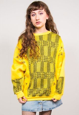 VINTAGE 90'S YELLOW CHECKED KNIT PANEL SWEATSHIRT JUMPER