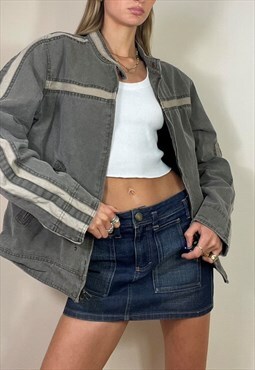 Vintage Y2K Racing Biker Moto Denim Jacket Striped Festival