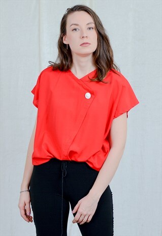 RED TOP VINTAGE 80S BLOUSE WHITE BUTTON SHORT SLEEVE RETRO
