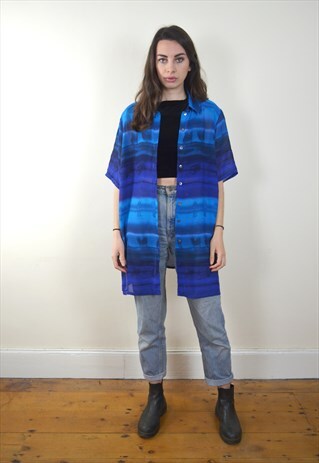 90S VINTAGE BLUE SHEER ABSTRACT LONG SHIRT