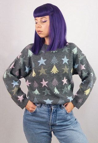 VINTAGE 90'S WOOL BLEND STAR PATTERNED KNIT JUMPER