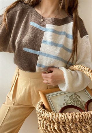 VINTAGE 80S PARISIAN CHIC ABSTRACT PASTEL KNIT JUMPER