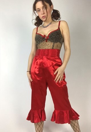 70S DISCO RED FRILL FLARED SILKY SATIN TROUSERS