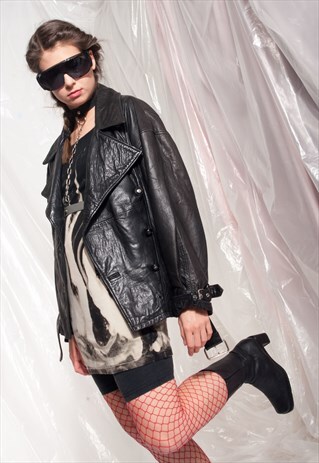 VINTAGE LEATHER JACKET 90S BLACK BIKER GRUNGE COAT