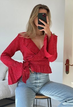 Cassie Polka Dot Wrap Blouse- Red