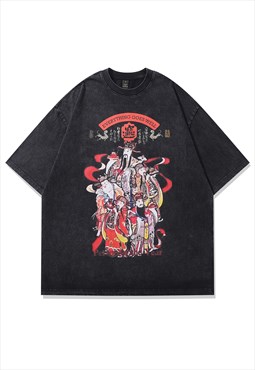Japanese print t-shirt ethnic tee cartoon top vintage grey