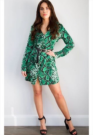 SNAKE PRINT LONG SLEEVE SHIRT DRESS IN GREEN