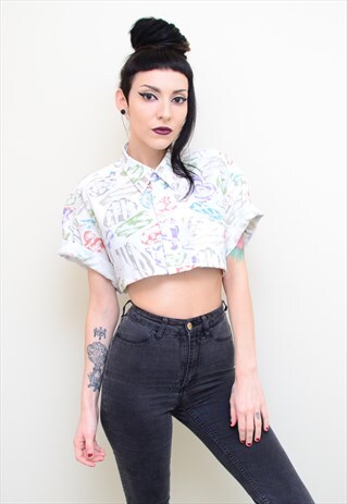 VINTAGE 90'S FUNKY ABSTRACT PATTERNED REWORKED CROP SHIRT