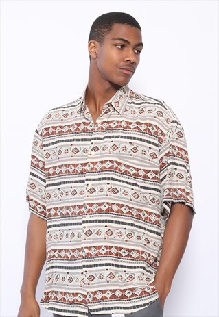 VINTAGE PATTERN BUTTON SHIRT BROWN BEIGE