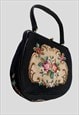 VINTAGE LADIES 50'S BAG BLACK TAPESTRY FLORAL HAND HELD