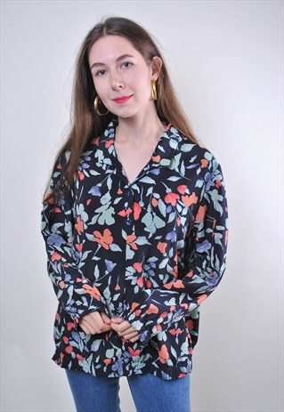 VINTAGE WOMAN BLACK BLOUSE WITH FLORAL PRINT