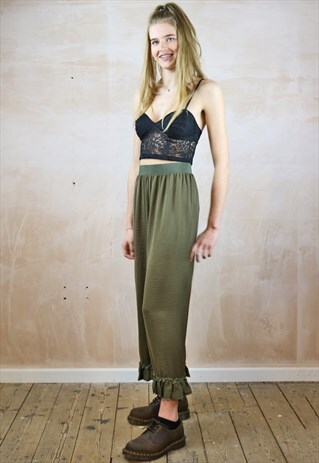 GREEN SILKY FRILL TROUSERS