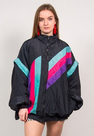 90'S BLACK COLOUR BLOCK SHELL TRACKSUIT JACKET