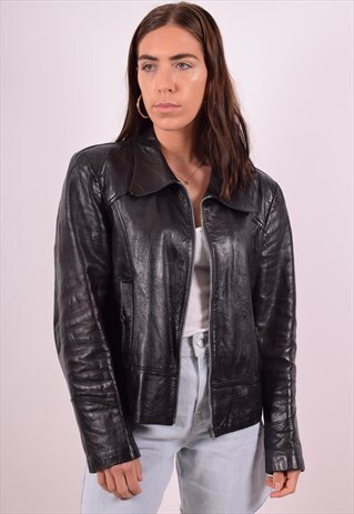 WOMENS VINTAGE FAUX LEATHER JACKET MEDIUM BLACK 90S