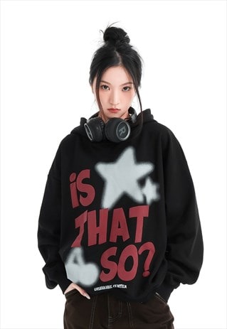 GRAFFITI HOODIE SLOGAN PULLOVER RUDE SKATER TOP IN BLACK