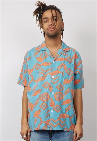 VINTAGE 80'S BLUE/ ORANGE PRINT HAWAIIAN SHIRT