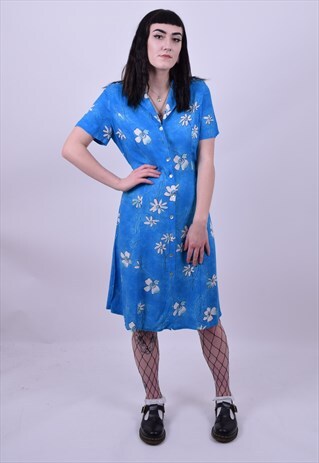 VINTAGE 90'S BLUE FLOWER PRINT GRANNY DRESS SIZE 10 TO 12