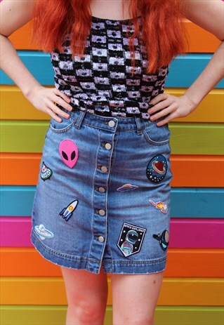 VINTAGE 90S REWORKED SPACE ALIEN FESTIVAL DENIM SKIRT