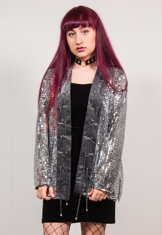 VINTAGE 80'S SILVER SEQUIN OVERSIZED BLAZER JACKET