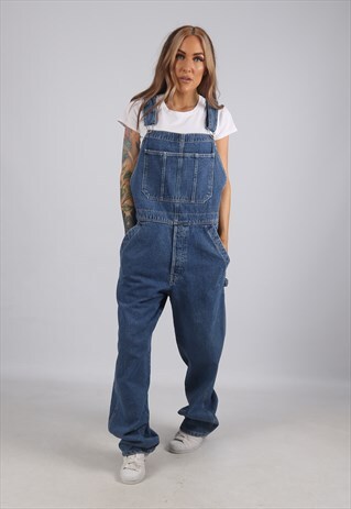 VINTAGE OLD NAVY DENIM DUNGAREES WIDE LEG UK 14 L (F6J)