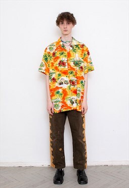 Vintage Shirt Tropical Hawaiian Surfer Peach Orange Yellow 