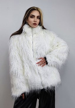 Shaggy faux fur jacket white long hair fuzzy coat rave puffa