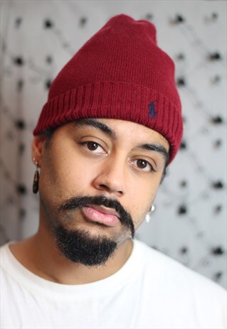 VINTAGE RALPH LAUREN BURGUNDY RED WOOL LOGO BEANIE