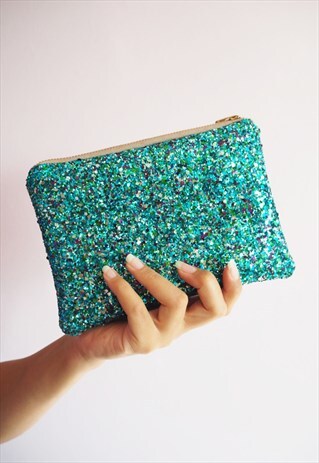 TURQUOISE GLITTER MAKEUP BAG