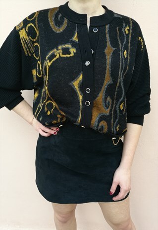 VINTAGE 90S BLACK EMBROIDERED CARDIGAN WITH GOLD DETAILS