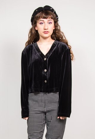 VINTAGE 90'S BLACK VELVET BUTTON DOWN LONG SLEEVE TOP