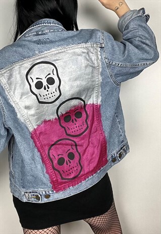 CANDY SKULL - REWORKED HAND PAINTED JACKET SIZE MEDIUM