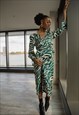 GREEN ZEBRA PRINT WRAP LONG SLEEVE BLOUSE