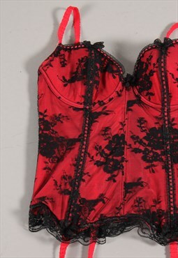 Vintage Y2K 90s Corset Top in Red Lace Lingerie Cami 36C