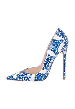 Blue and White Pattern Pointed Toe Pumps