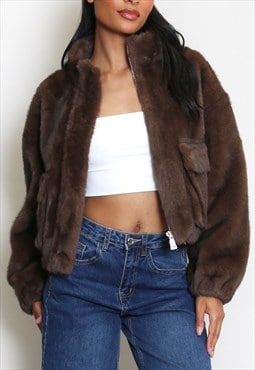 Pockets Faux Fur Coat In Chocolate 