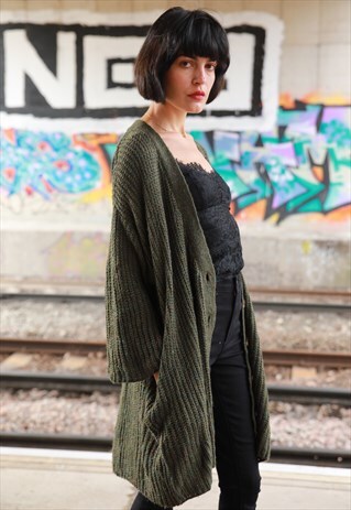 PLAIN GREEN COLOR KNITTED LONG CARDIGAN WITH FRONT POCKETS