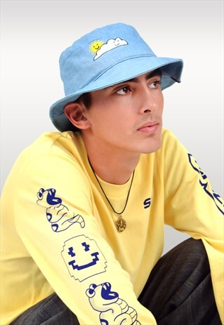 HAPPY DAYS EMBROIDERED DENIM BUCKET HAT