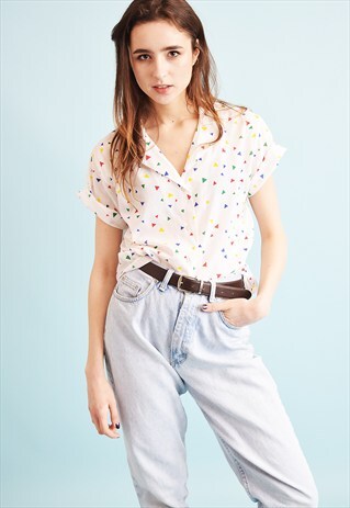 80'S RETRO NEUTRAL ABSTRACT PRINT OVERSIZED BLOUSE TOP