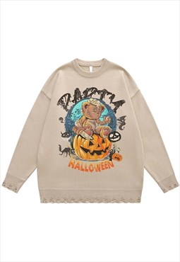 Halloween sweater pumpkin knit distressed jumper in beige