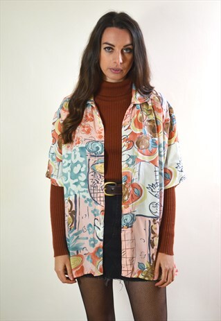 90S VINTAGE ABSTRACT PINK & MULTI PRINT SHIRT