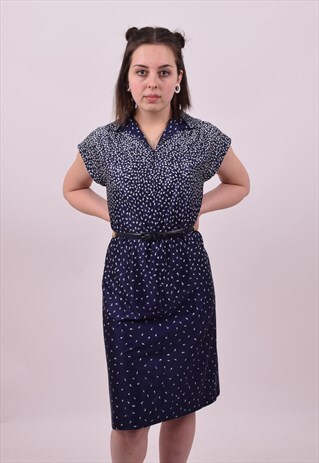 VINTAGE 70'S CUTE BLUE & WHITE PATTERN DRESS SIZE 10 12