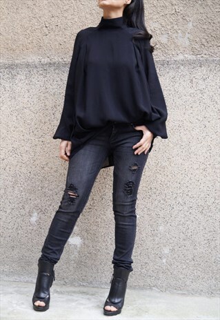 BLACK SHIRT EXTRAVAGANT TOP BLACK BLOUSE BACKLESS F1683