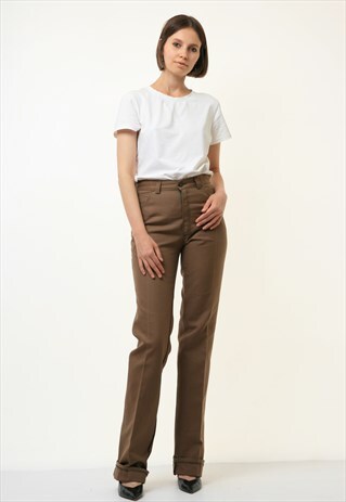 70S VINTAGE WORKWEAR BROWN HIGH WAISTED FLARE TROUSERS 4385