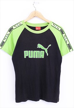 Vintage Puma Colour Block Tee Black Green With Logo Pattern