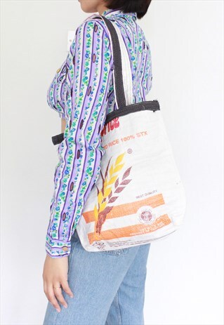 HANDMADE RICE SACK UPCYCLE REWORKED TOTE BAG