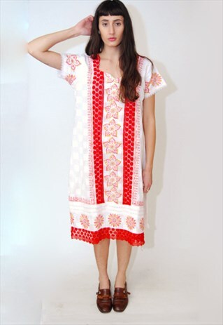 VINTAGE FLORAL TUNIC DRESS 90S BATIK BOHO HIPPY HIPPIE 1990S