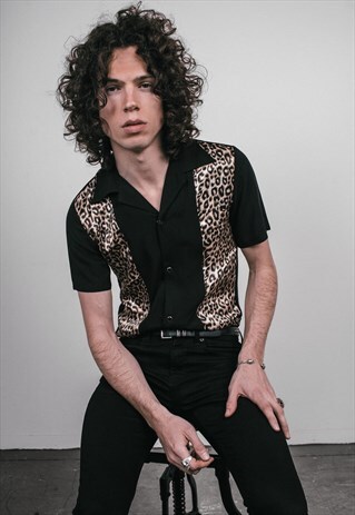 MENS BLACK/LEOPARD PRINT 50S CUBAN COLLAR PANEL SHIRT