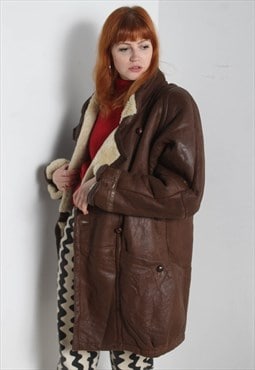 Vintage 80's Leather Sherpa Line Jacker Oversize Brown